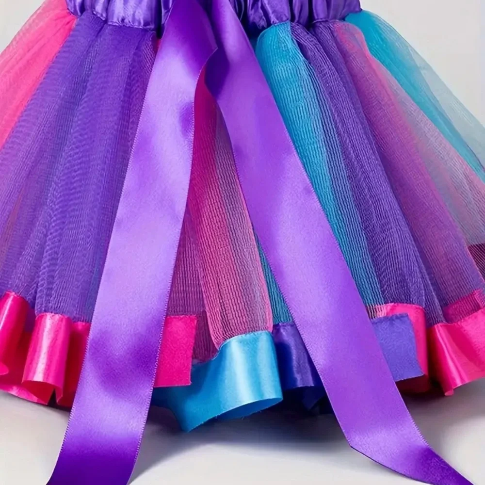 Girls Rainbow Tulle Tutu Skirt | Purple Blue Pink Ruffle Trim w/ Bow | Party
